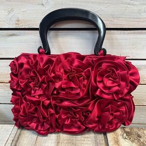Vintage Red Satin Rosette Handbag Detachable Handle Evening Bag Formal Purse 90s